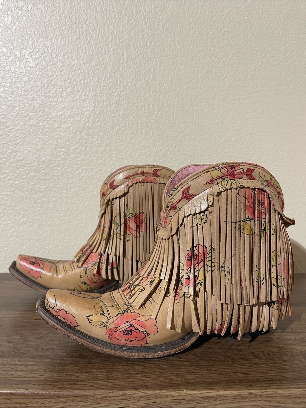 Junk Jypsy Fringe Floral Ankle Boots - Tan Floral Women Shoes